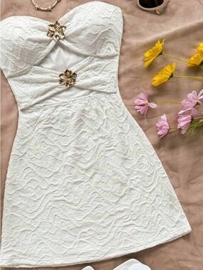White Lace Strapless Mini Dress with Gold Accent